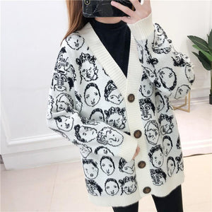 'Cartoon Faces' V-Neck Knit Cardigan - Velantris