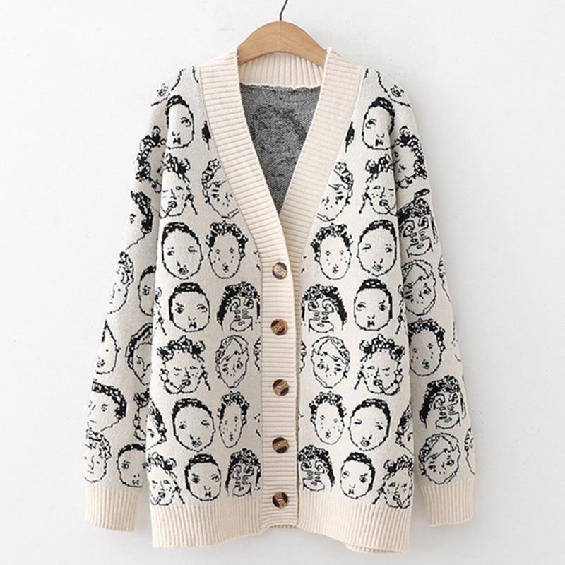 'Cartoon Faces' V-Neck Knit Cardigan - Velantris