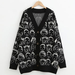 'Cartoon Faces' V-Neck Knit Cardigan - Velantris