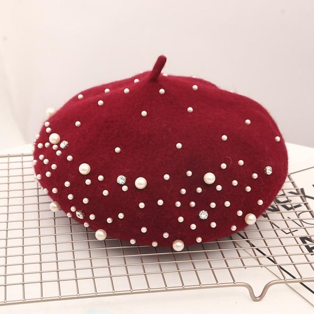 'Celeste' Wool French Beret Dipped in Pearls - Velantris