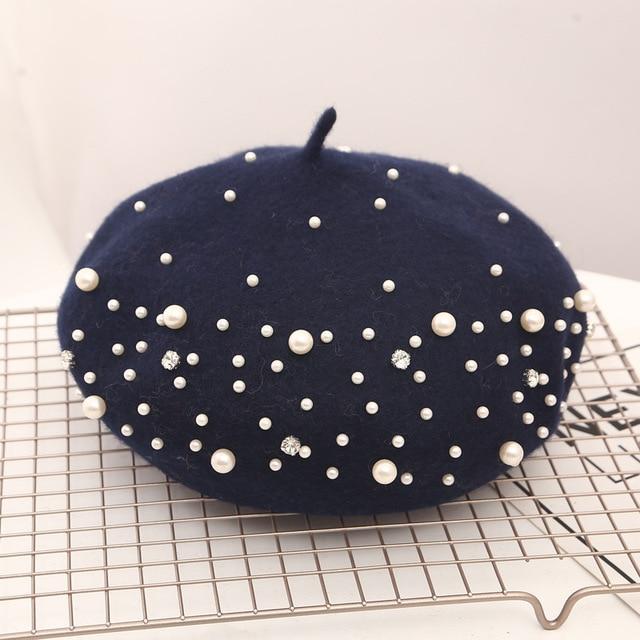 'Celeste' Wool French Beret Dipped in Pearls - Velantris