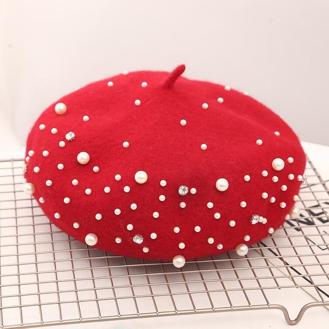 'Celeste' Wool French Beret Dipped in Pearls - Velantris