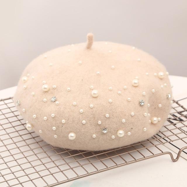 'Celeste' Wool French Beret Dipped in Pearls - Velantris