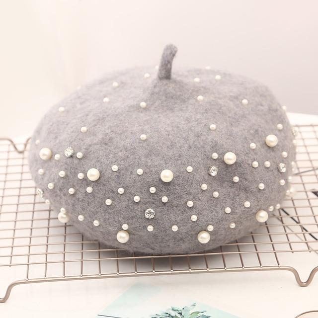 'Celeste' Wool French Beret Dipped in Pearls - Velantris