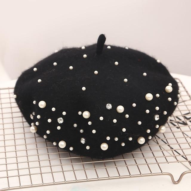 'Celeste' Wool French Beret Dipped in Pearls - Velantris