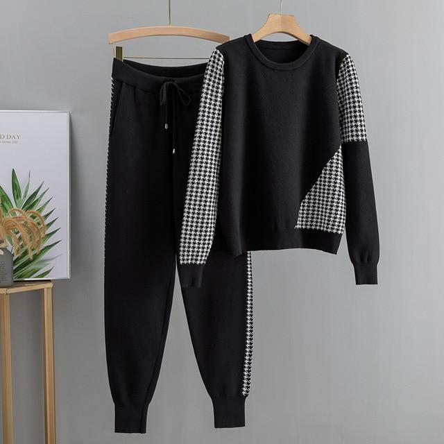 Houndstooth Details Fine Knit Loungewear Set - Velantris