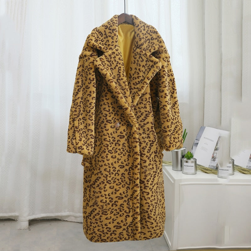 'Nora' Long Leopard Print Teddy Coat