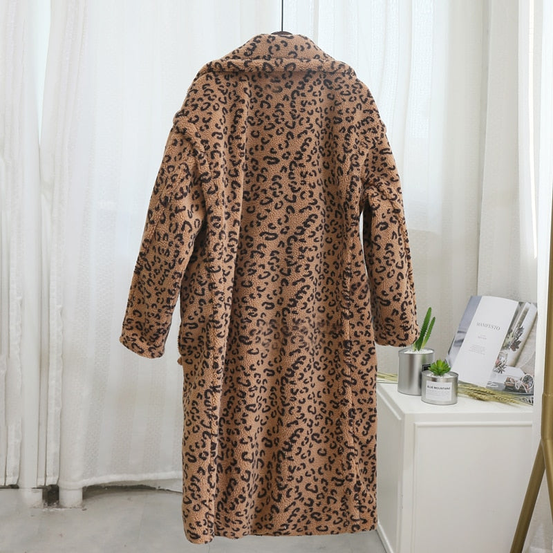 'Nora' Long Leopard Print Teddy Coat