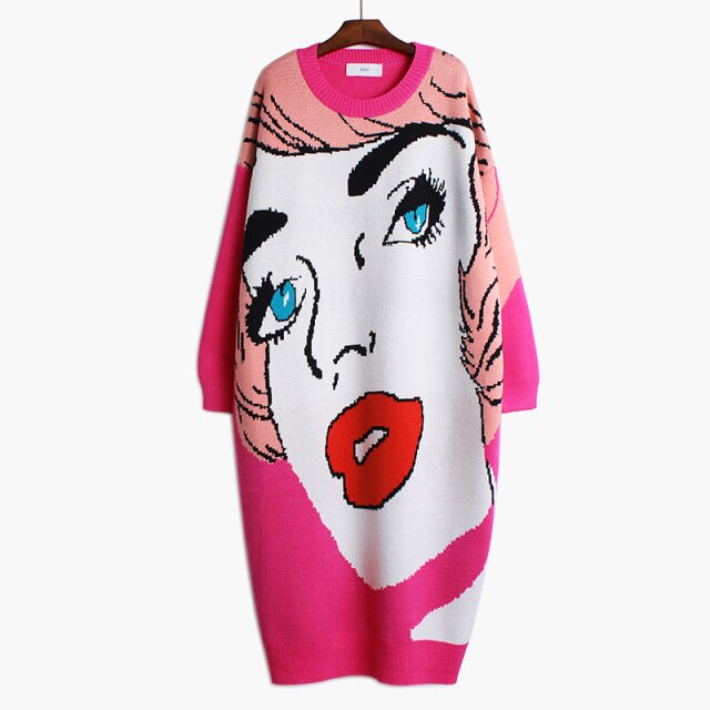 'Angel' Retro Face Print Sweater Dress