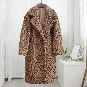 'Nora' Long Leopard Print Teddy Coat