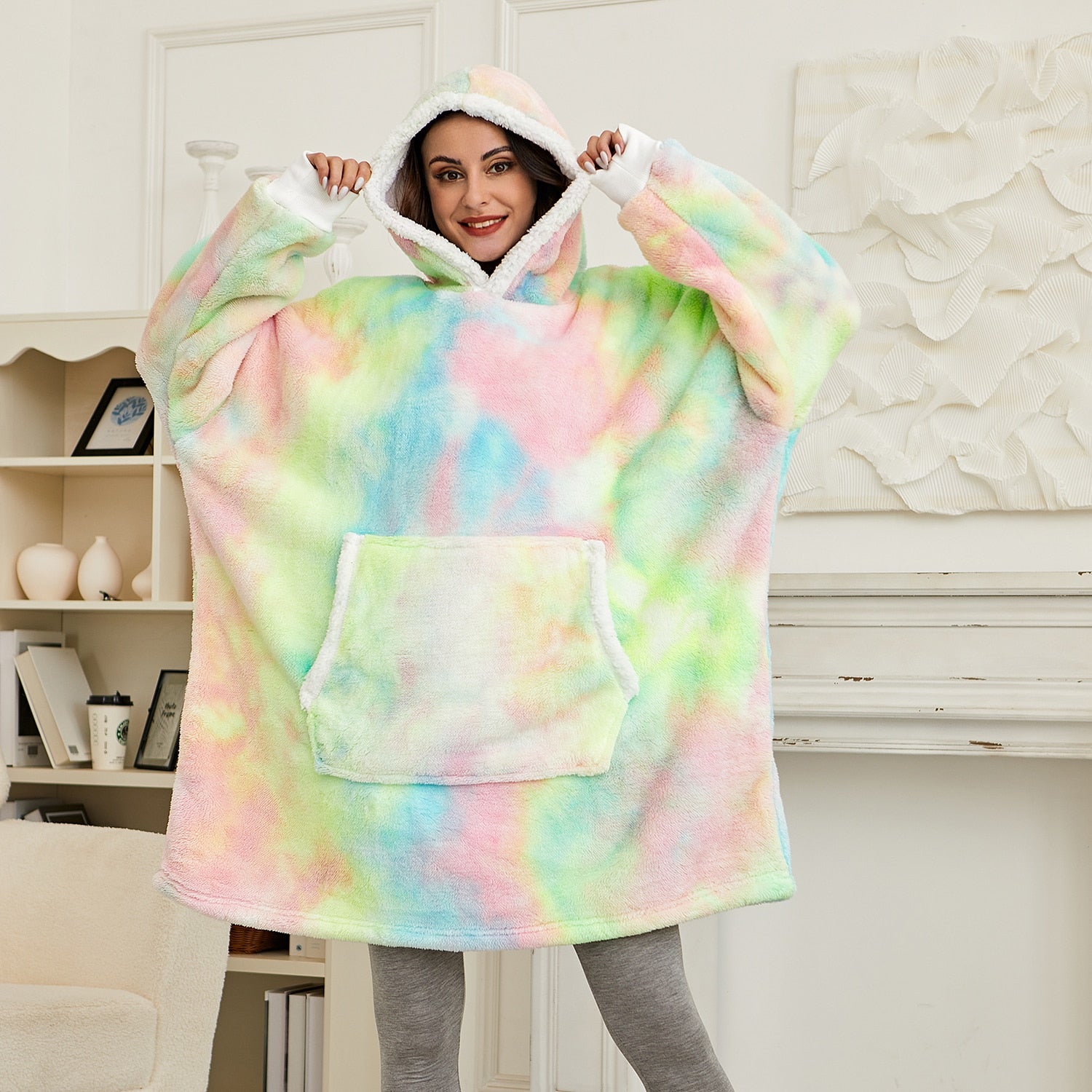 'Fluffie' Tie Dye Print Giant Hoodie with Sherpa Lining