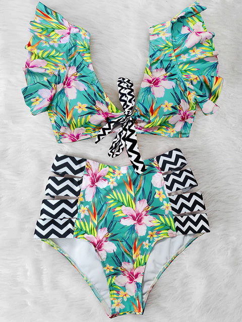 'Caribena' Floral Ruffled Hem High-Waisted Bikini Set