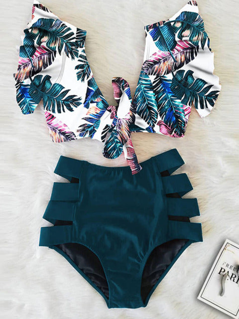 'Caribena' Floral Ruffled Hem High-Waisted Bikini Set