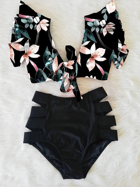 'Caribena' Floral Ruffled Hem High-Waisted Bikini Set