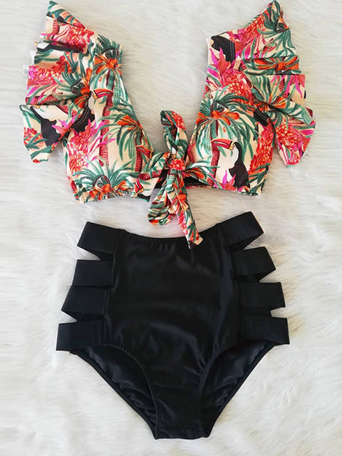 'Caribena' Floral Ruffled Hem High-Waisted Bikini Set