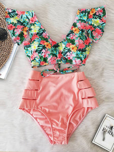 'Caribena' Floral Ruffled Hem High-Waisted Bikini Set