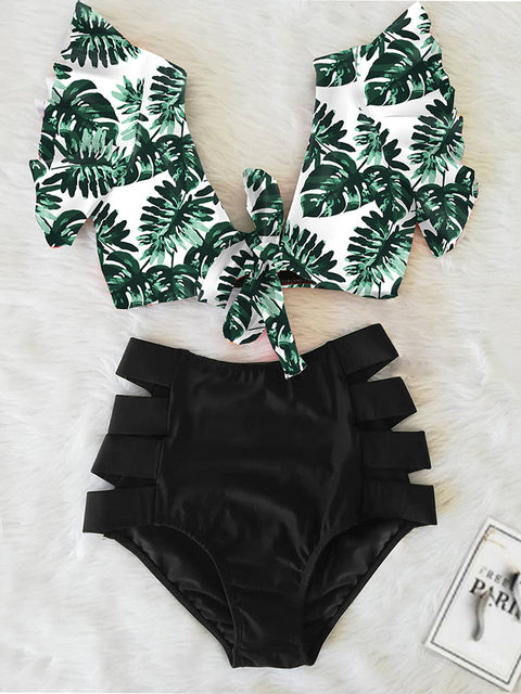 'Caribena' Floral Ruffled Hem High-Waisted Bikini Set