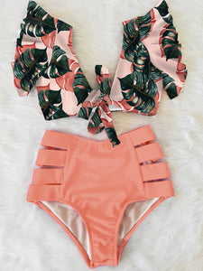 'Caribena' Floral Ruffled Hem High-Waisted Bikini Set