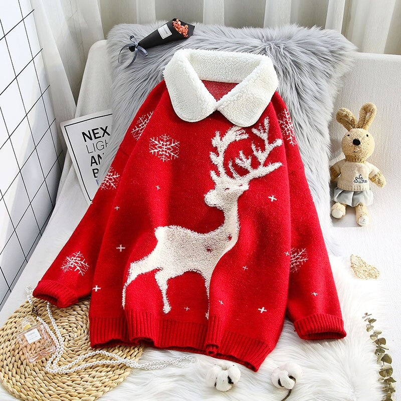 'Blitzen' Reindeer Print Christmas Jumper with Contrast Collar